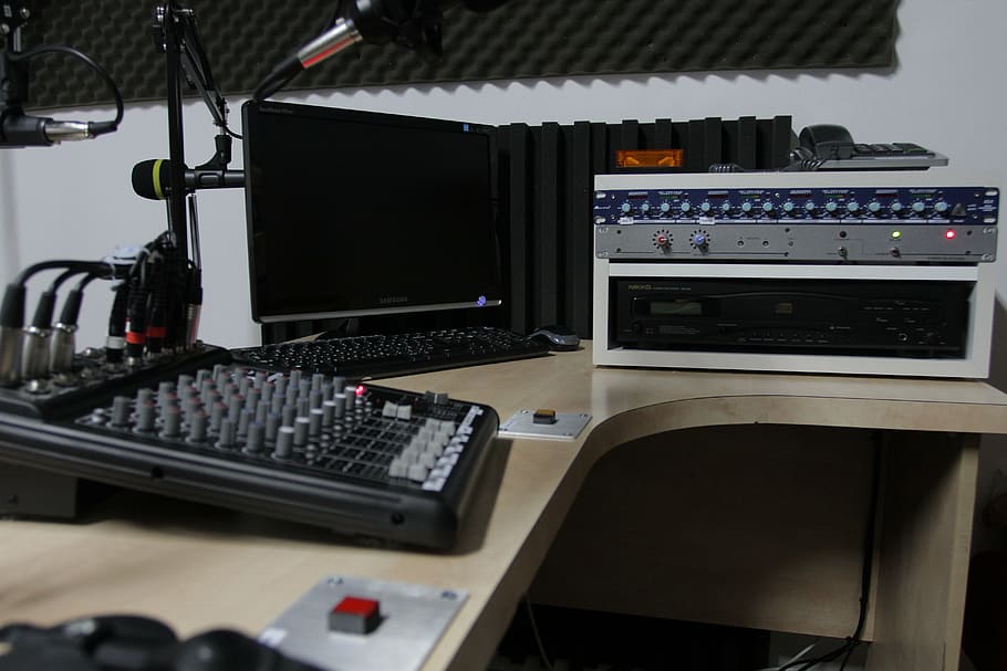 black, audio, mixer, beige, wooden, desk, radio, studio, sound, broadcasting