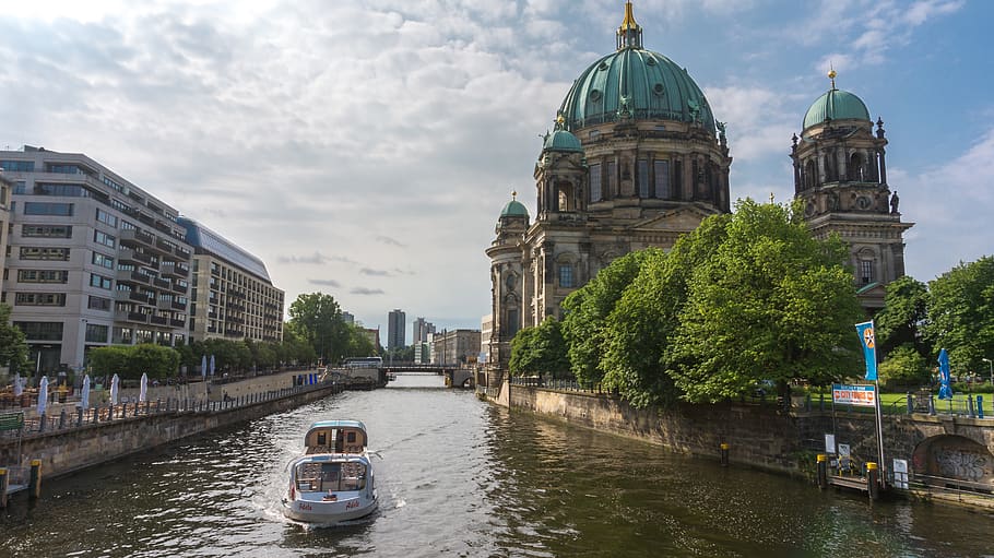 river, architecture, city, channel, waters, berlin cathedral, old, built structure, building exterior, water
