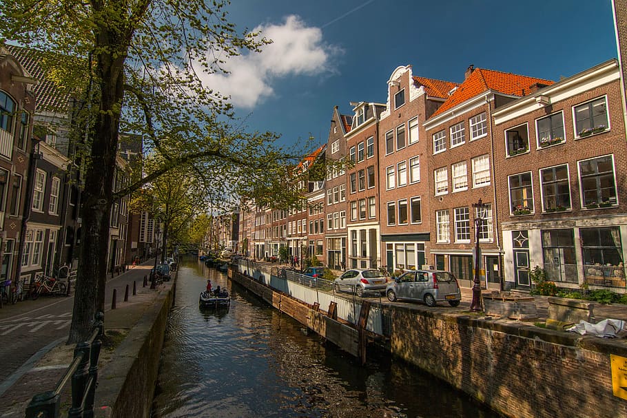 parked, vehicles, building, amsterdam, channel, netherlands, waterway, dutch, spring, view