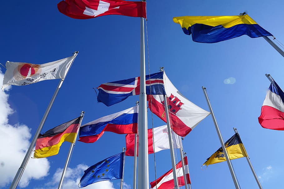 country flags, flag poles, flag, europe, switzerland, eu, european, international, blue, country