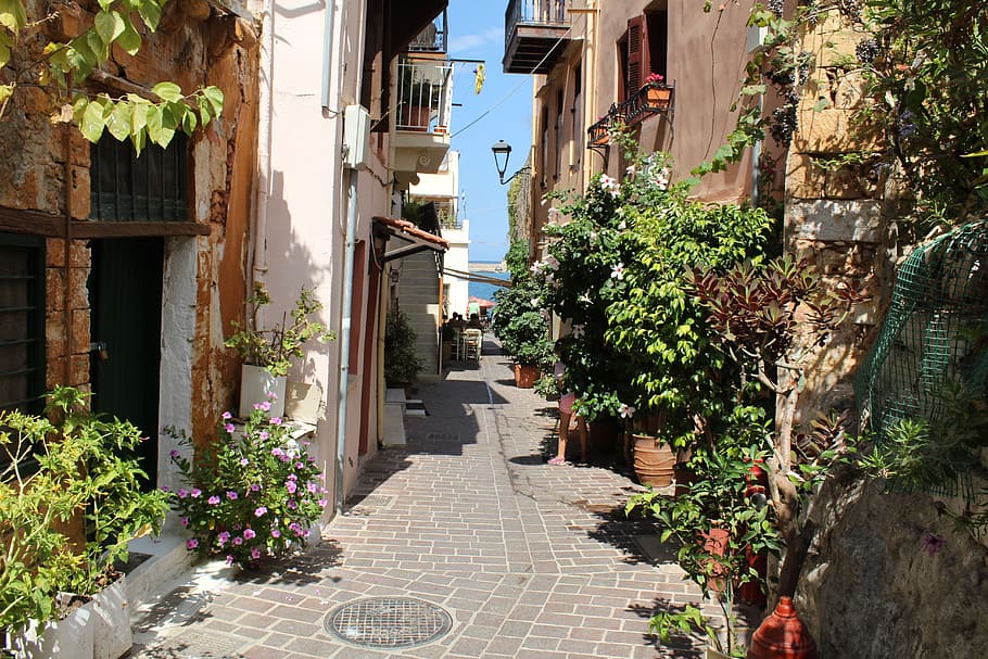 Creta, Rua, Chania, Canea, Hanya, estreito, feriados, Grécia, vida nas ruas, exterior do edifício