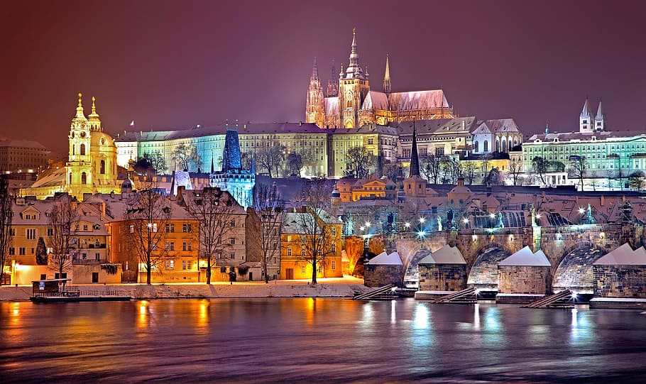house, cathedral painting, prague, winter, night, snow, prague castle, czech republic, praha, bridge
