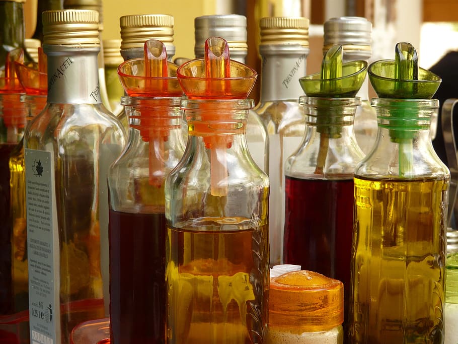 assorted-color, liquid, inside, bottles, bottle, vinegar, oil, still life, container, transparent