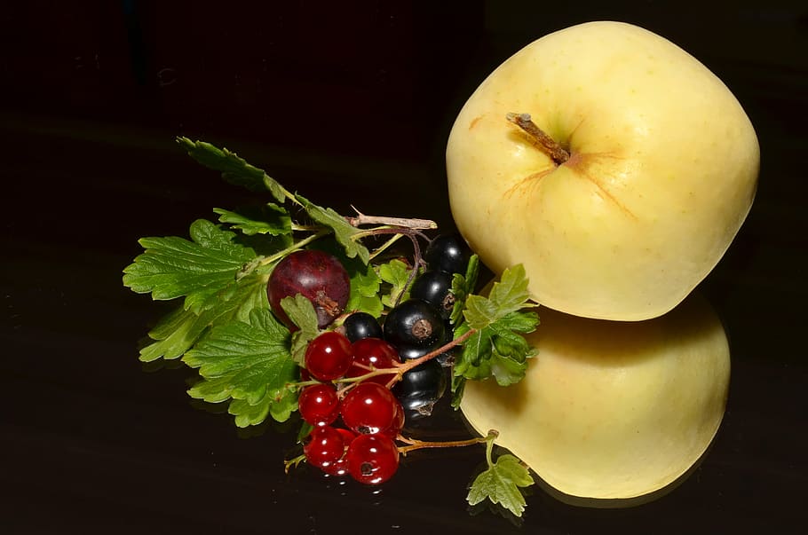 two, yellow, apples, cherries, red currant, blackcurrant, apple, garden, food and drink, food