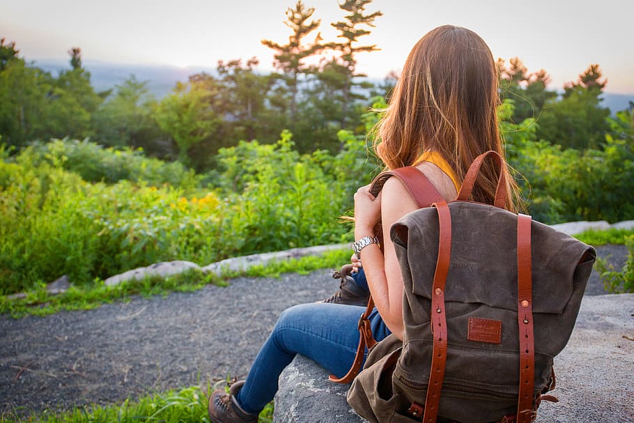 backpacking, perjalanan, alam, matahari, tas, Hiking, hipster, Kolam, aktivitas, gadis