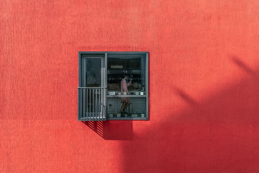minimalist, character, geometry, window, rectangular, red, architecture, built structure, wall - building feature, men