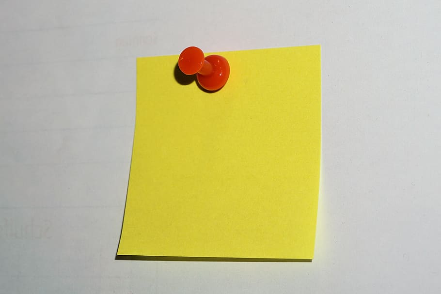yellow, sticky, note, red, push, pin, post it, office, list, memo