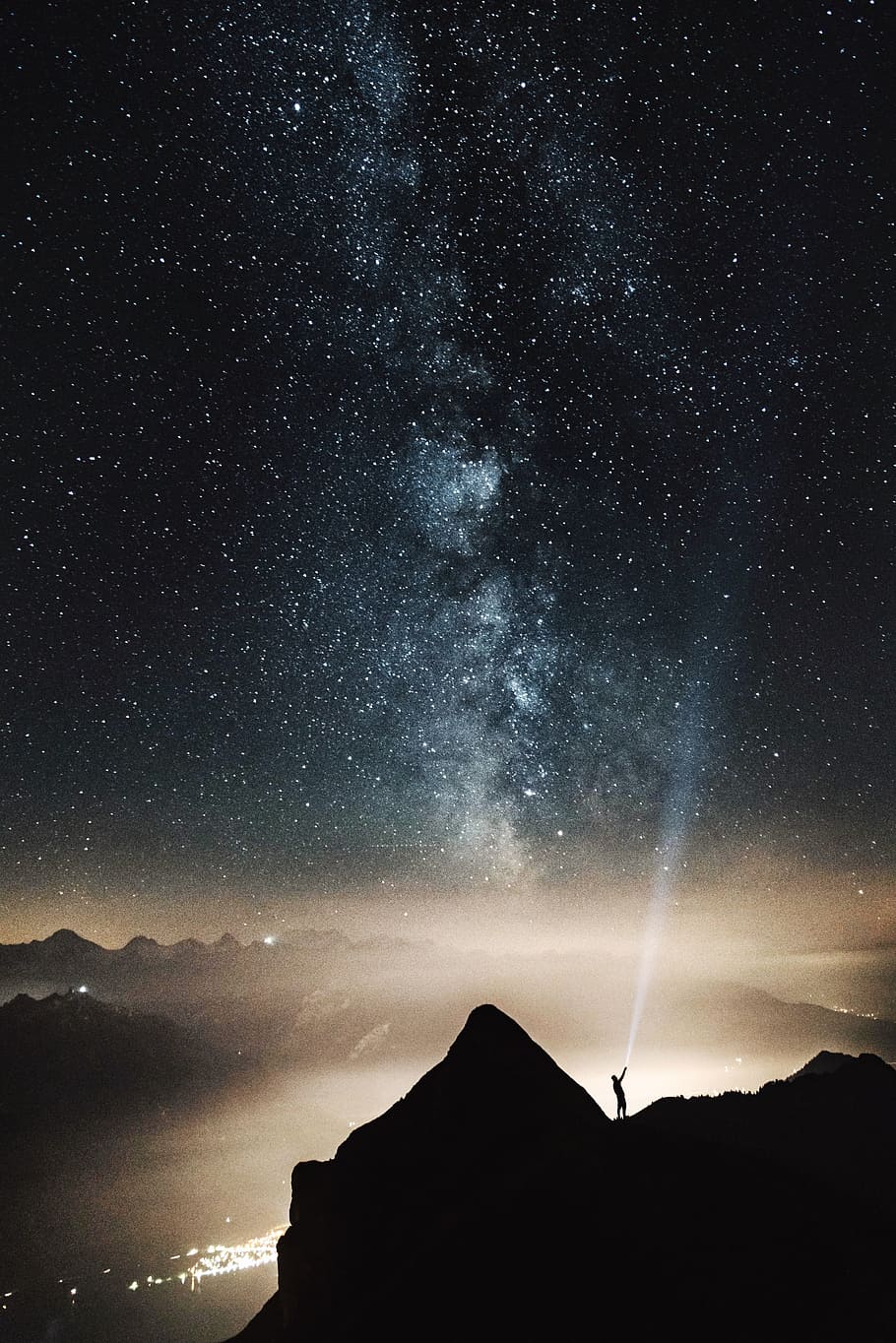 man, standing, mountain, holding, flash lights, valey, hill, people, alone, dark