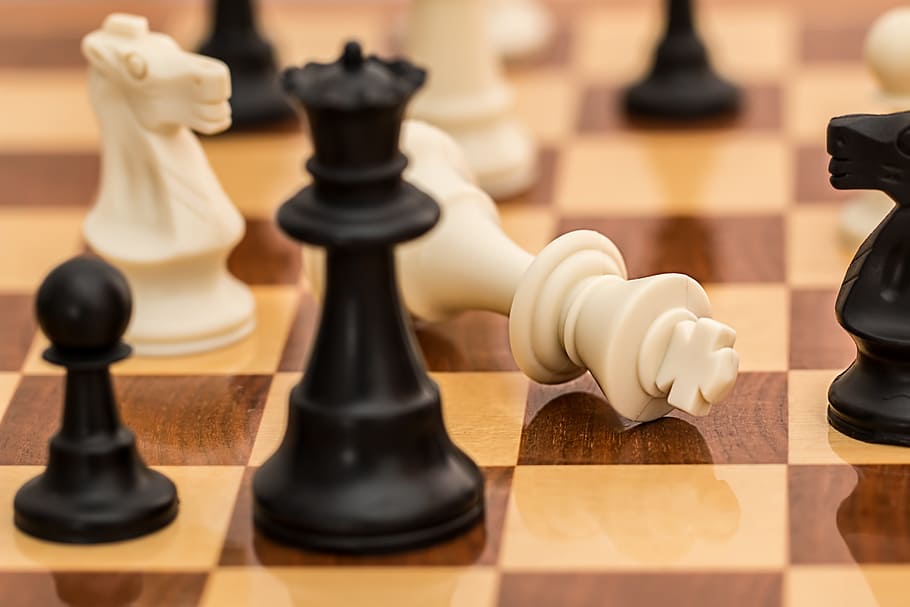 closeup, chessboard, checkmate, chess, resignation, conflict, board game, strategy, competition, challenge