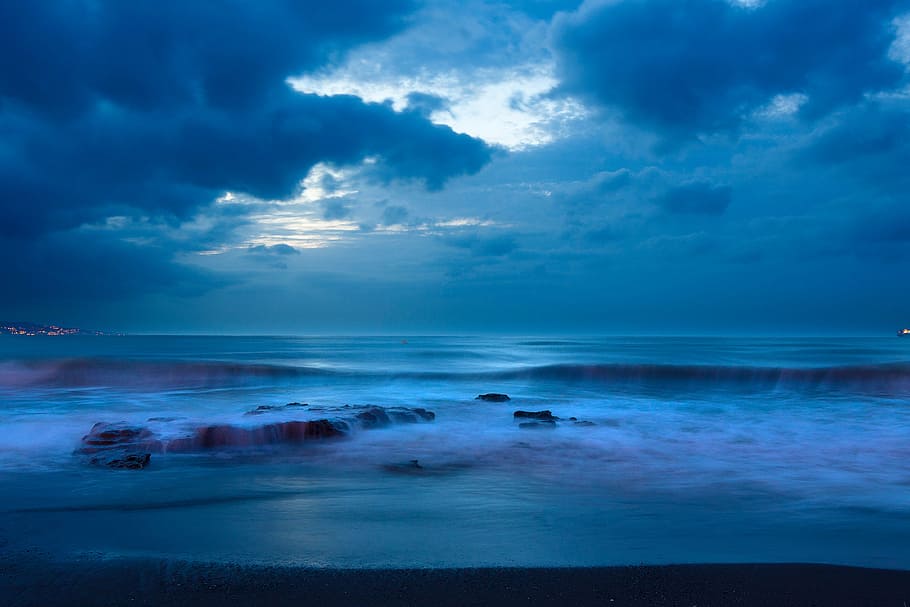 cuerpo, agua, orilla del mar, nublado, cielo, mar, océano, azul, olas, naturaleza