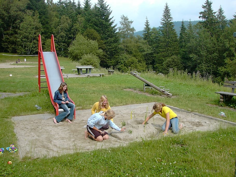 playground, sand pit, slide, see saw, girl, veltishof youth hostel, meadow, forest, sand, game devices