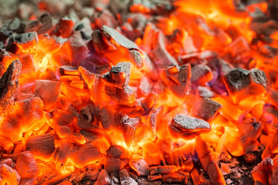 red, coals campfire, Burning, Live, Coals, Campfire, fire, fireplace, flames, hot
