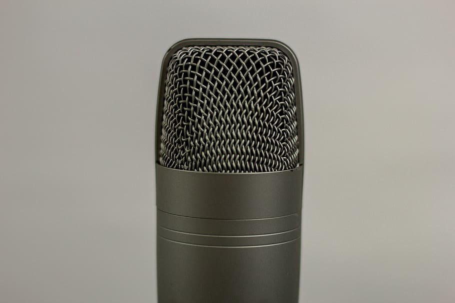 hitam, foto close-up mikrofon, putih, kamar, kondensor, mikrofon, rekaman, audio, podcast, di dalam ruangan