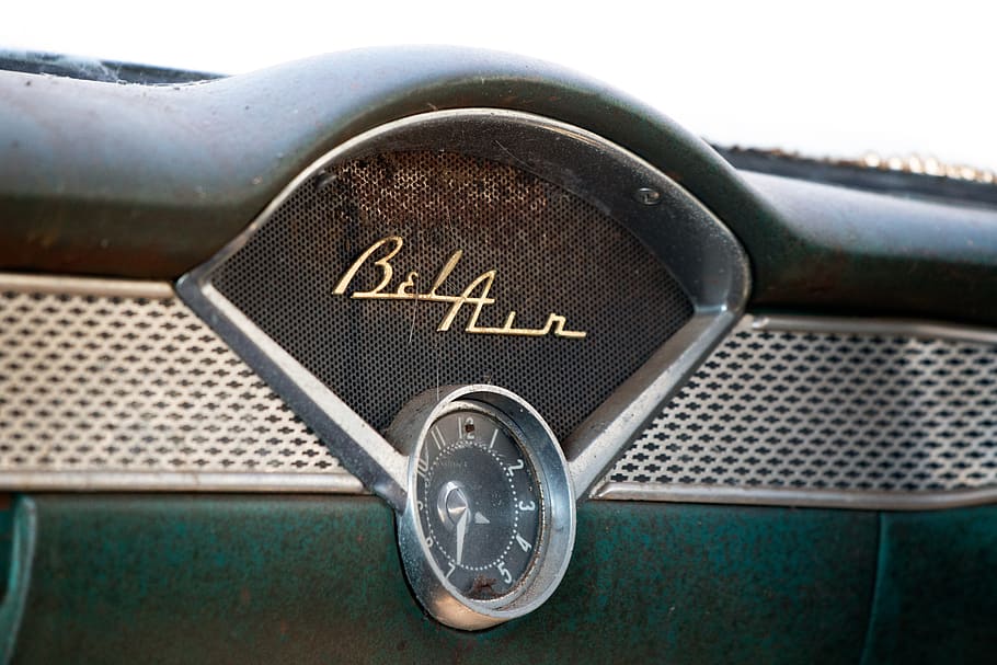 vintage, carro, interior, painel de instrumentos, medidores, emblema, bel air, chevy, clássico, antigo