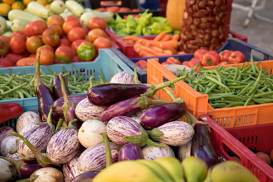 lotes, verduras, contenedores, tomates, rojo, alimentos, saludable, puesto en el mercado, cereza, tomate de jardín