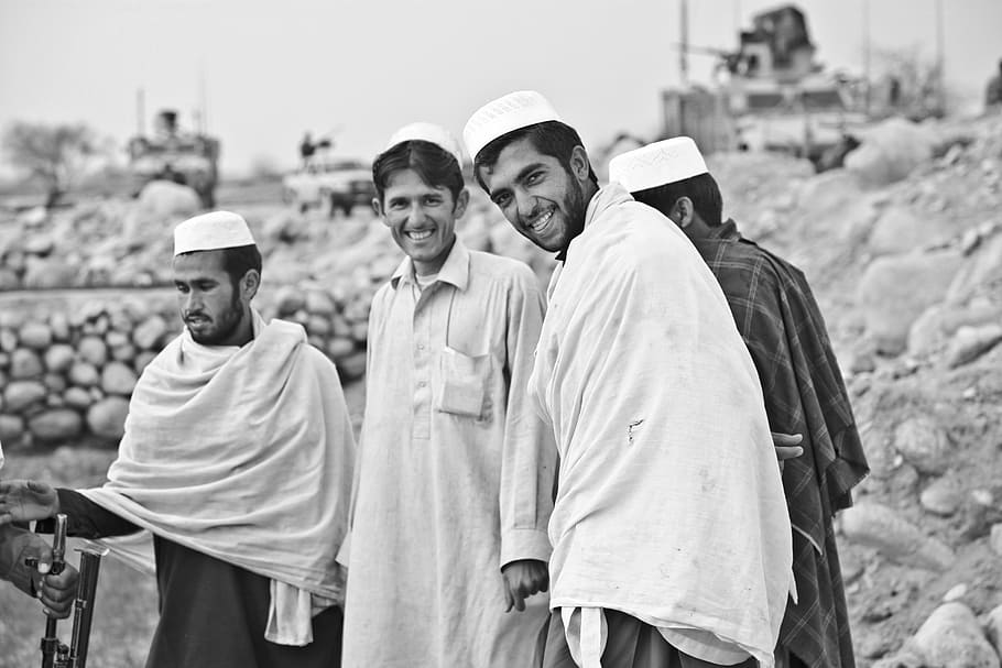 grayscale photo, four, men, afghani, persons, muslim, tradition, traditional, afghanistan, people
