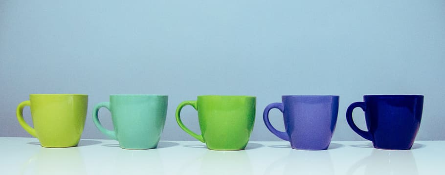 five, assorted-color, ceramic, mugs, cup, government, colorful, coffee, cafe, blue background