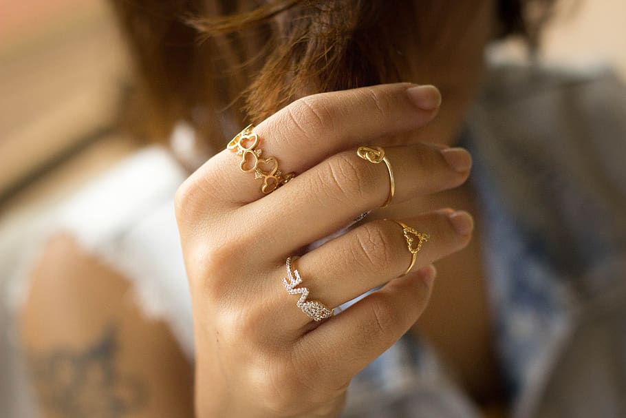 anéis, jóias, ouro, moda, anel, história de amor, juntos, noiva, fêmea, mão humana
