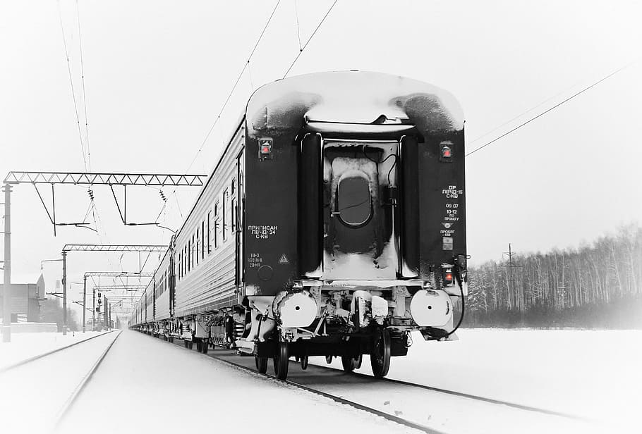 foto en escala de grises, tren, invierno, ferrocarril, ferrocarril Vía, transporte, locomotora, vapor Tren, estación, viaje