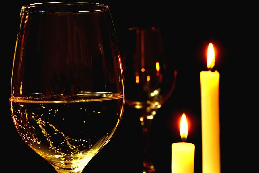 two, wine glasses, taper, candles, romantic, romantic dinner, wine, white wine, bowl, glass of wine