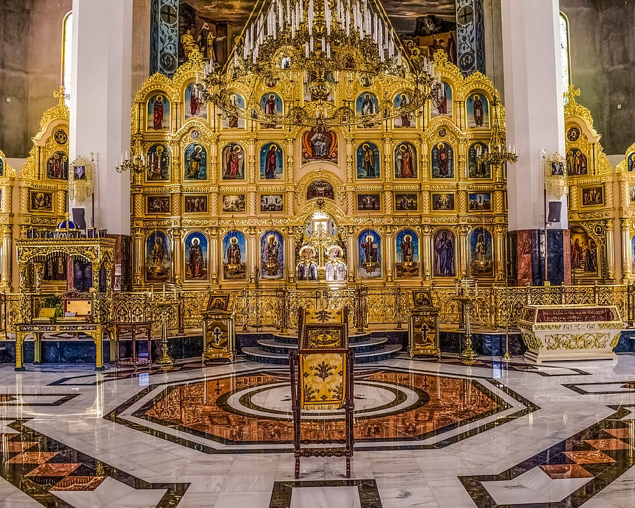 tamassos bishop, russian church, icon screen, golden, interior, architecture, religion, orthodox, episkopeio, cyprus