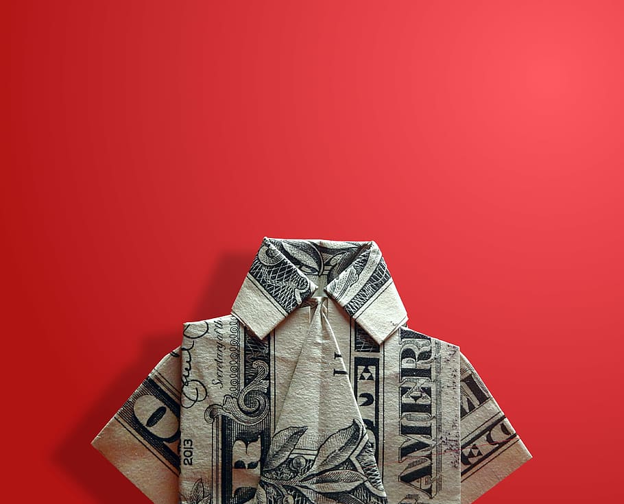 Estados Unidos, billete de dólar, doblar, camisa, origami, billete de un dólar, papel, rojo, fondo, papel moneda