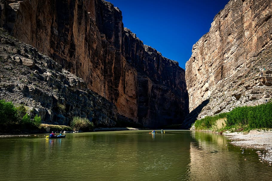 person, blue, wooden, boat, rio grande river, texas, mexico, landscape, canyon, big bend national park