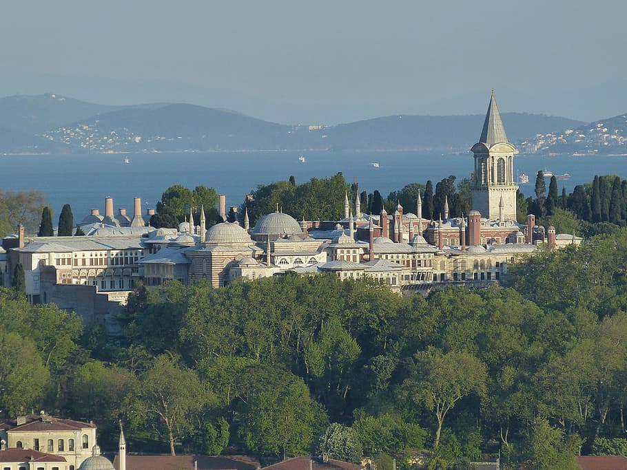 Foto de alto ángulo, blanco, concreto, mansión, Estambul, Turquía, Bósforo, Oriente, mezquita, perspectiva