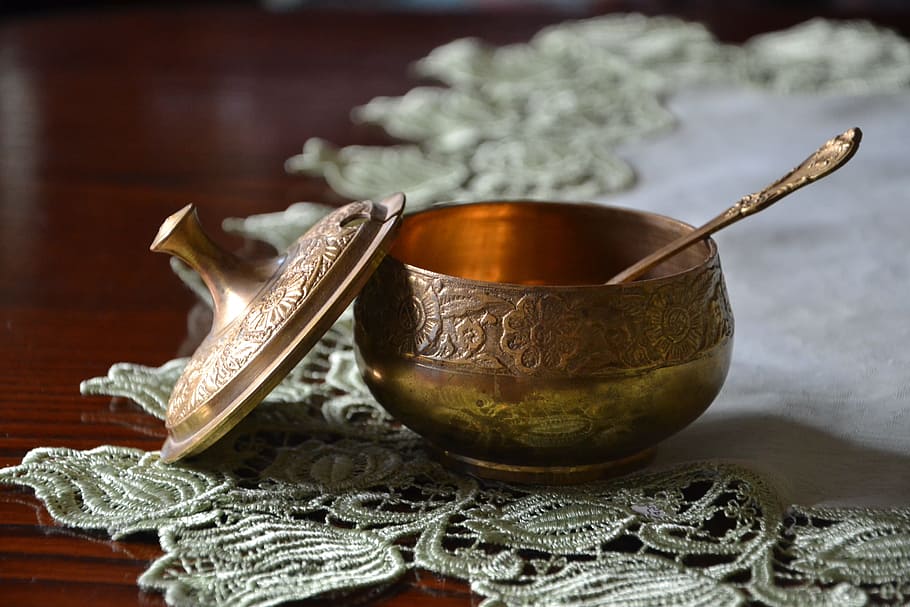 round gold bowl, spoon, table, sugar, teapot, gold, cutlery, beautiful, sugar bowl, teaspoon