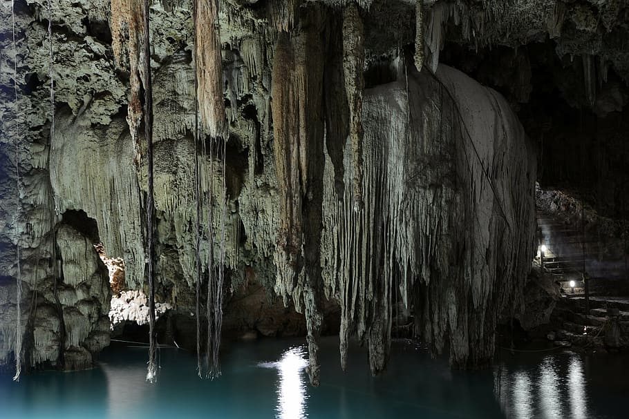 fotografia, caverna de estalagmite, cenote, caverna, gruta, méxico, yucatan, buraco da pedra de cal, água doce, estalactites