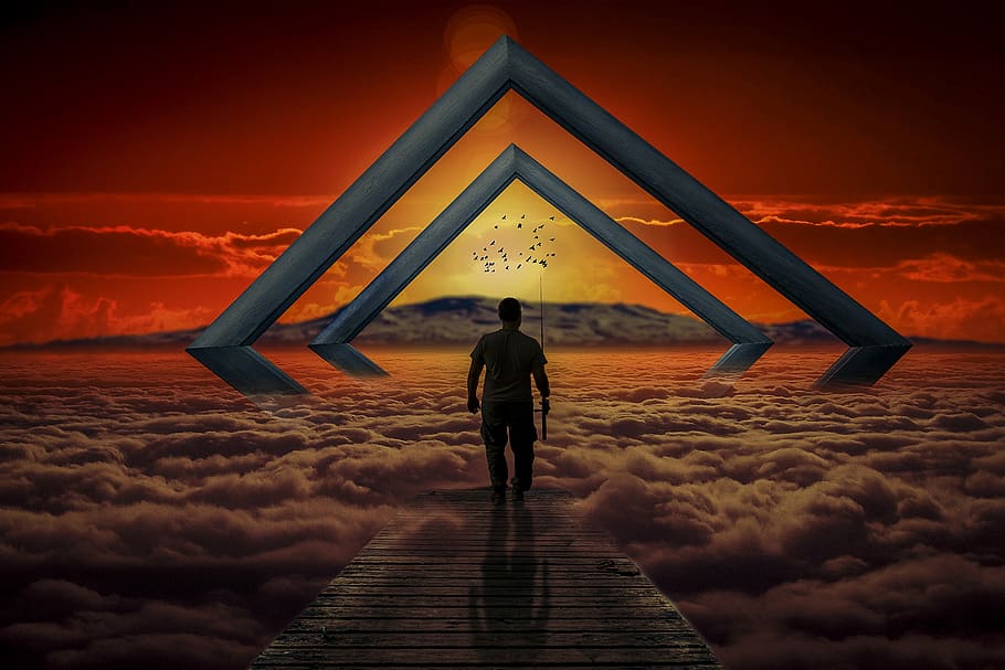 manipulation, sunset, volcano, fisherman, frames, clouds, birds, sky, cloud - sky, triangle shape
