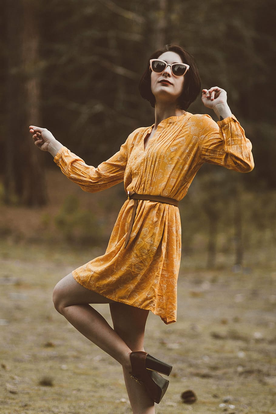 focus photography, woman, trees, people, fashion, yellow, dress, nature, woods, forest