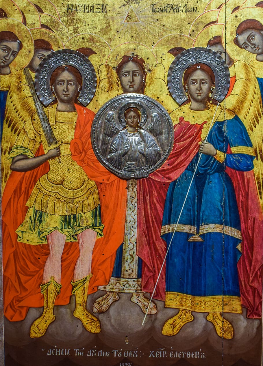 assembly of archangels, synaxis, icon, religion, christianity, orthodox, byzantine museum, makrinitsa, greece, 19th century