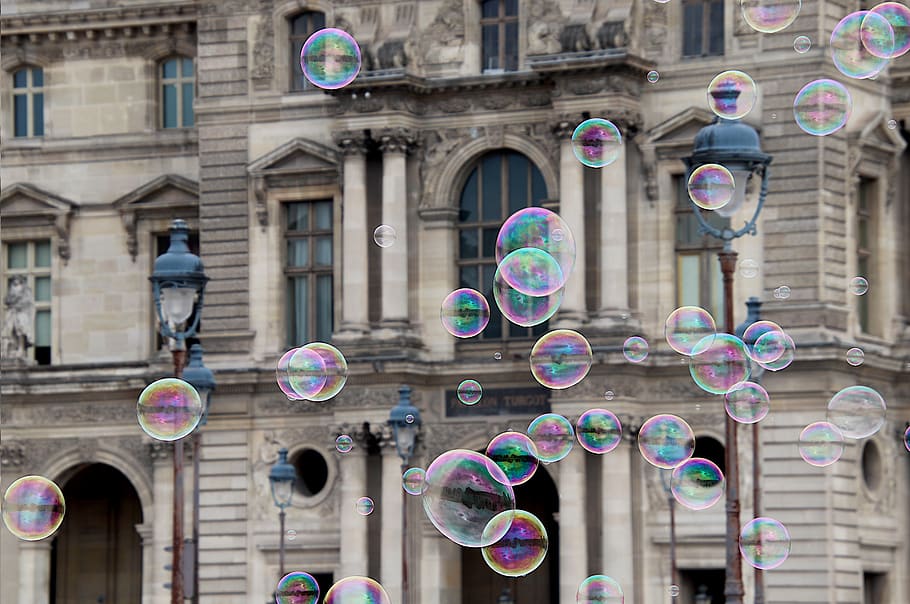 soap bubbles, decorative, games, louvre museum, monuments, history, paris, france, reflections, texture
