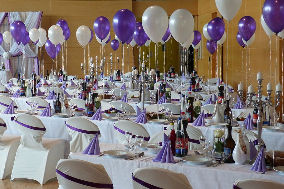 multicolored white-and-purple table-and-chairs, wedding table, banquet table, festive, decorated, beautiful, covered, buffet, celebration, balloon