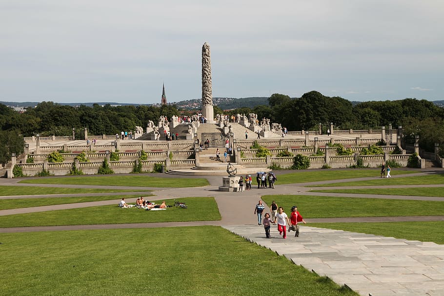 norway, oslo, vigeland park, monument, parking, stairs, visitor, group of people, large group of people, real people