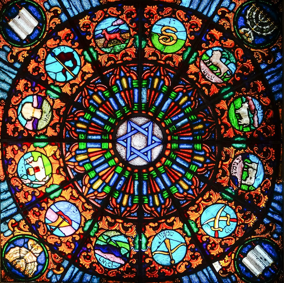 青, 茶色, 緑, ステンドグラスの装飾, ビタージュ, ダビデの星, ステンドグラス, 教会の窓, 巧みに, 古い窓