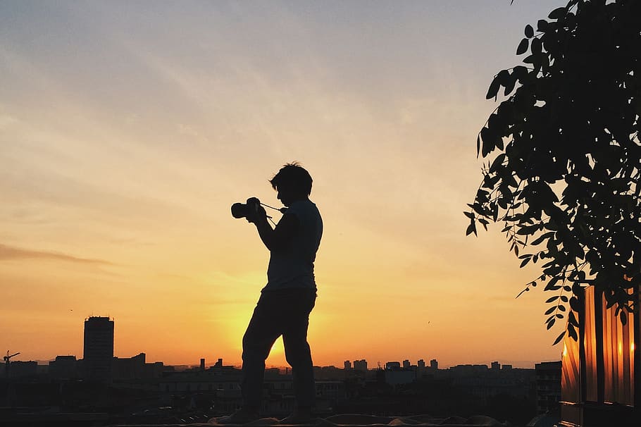 person, photographer, silhouette, camera, professional, sunset, male, man, taking, evening