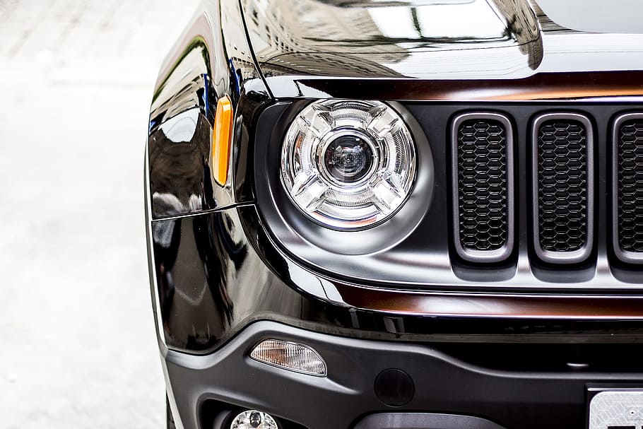close-up photo, black, jeep renegade headlight, Black Car, Jeep, Renegade, jeep, renegade, car, transportation, land vehicle