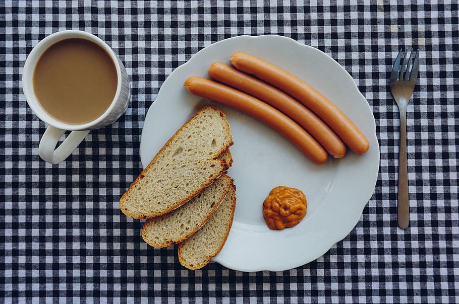flat-lay photography, hot, dogs, breads, sliced, bread, sausages, brown, cream, top