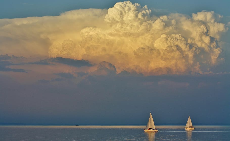 two, white, sailboats, body, water, cumulus clouds, lake balaton, tihany, clouds, nature