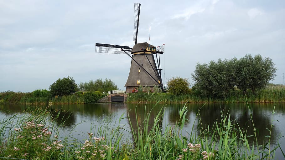 watermill during daytime, wind mill, mill, kinderdijk, cultural heritage, windmill, polder, grondzeiler, drainage, boezemafwatering