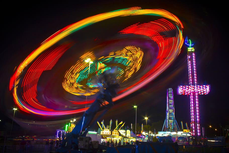 theme park, ride, timelapse photo, carnival, neon, colors, motion, fair, spinning, spin
