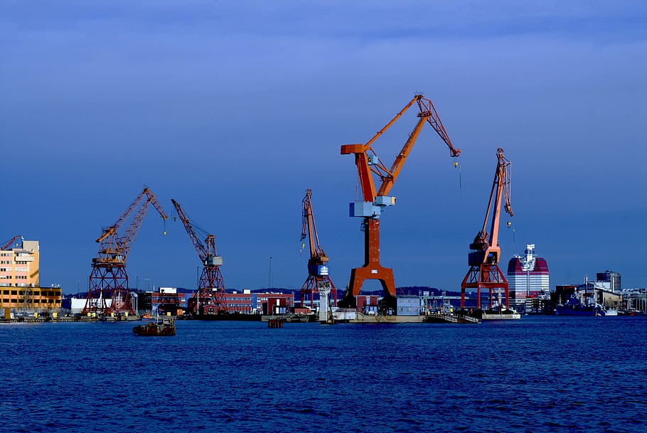 Port, Cranes, Industrial, Boatyard, water, coastal, gothenburg, buildings, kaj, sea