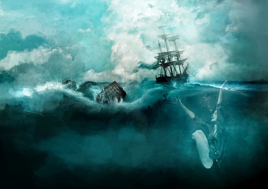 barco galeón, ilustración de olas, mar, barco, mujer, gráfico, océano, marina, textura, agua