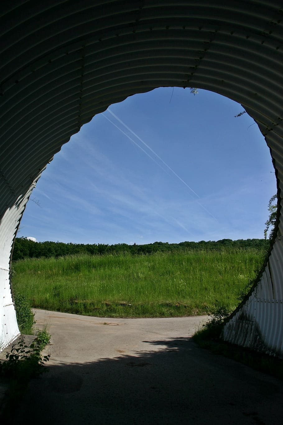 underpass, passage, away, tunnel, road, meadow, summer, sky, go through, shadow