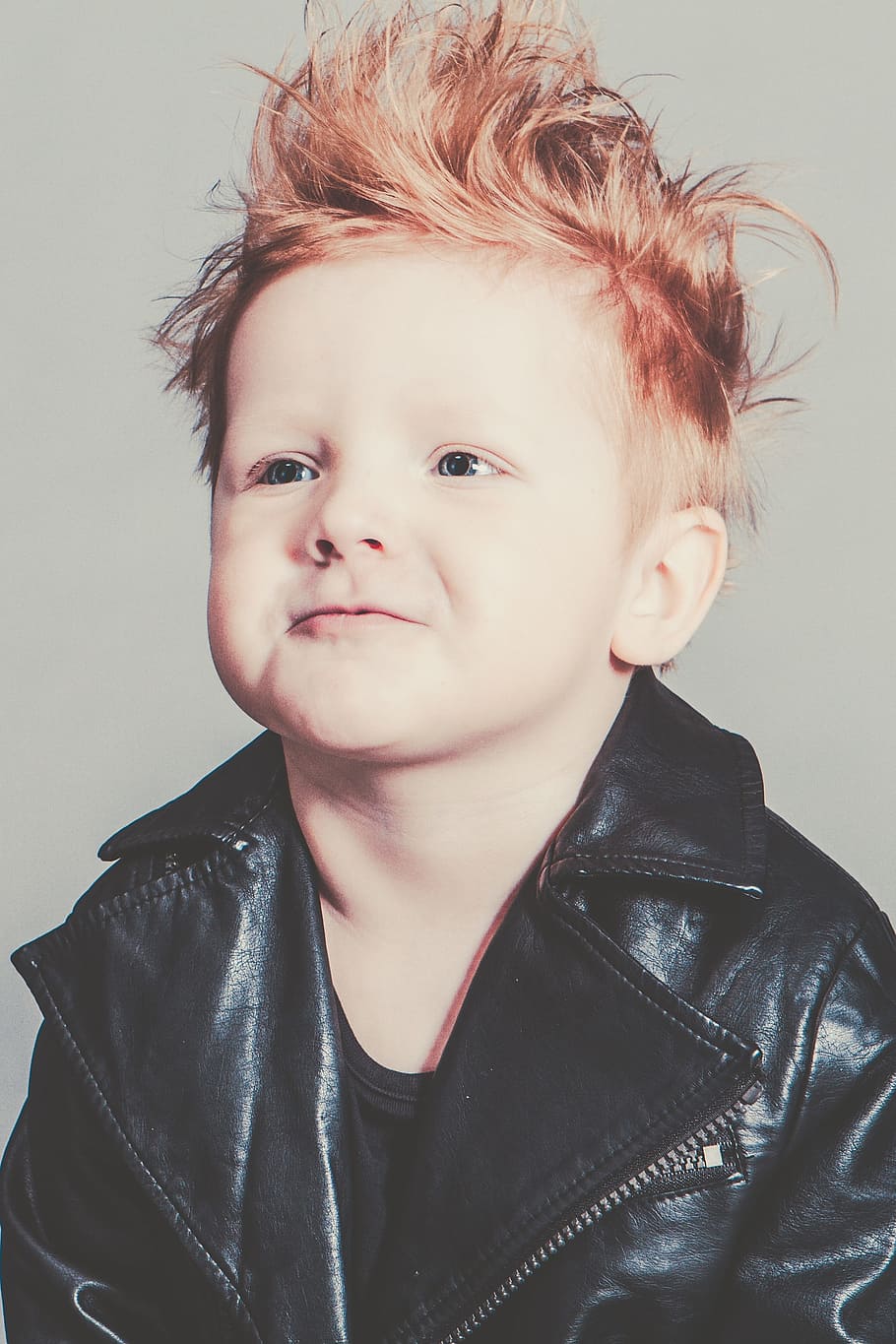 boy, wearing, leather biker jacket, smiling, baby, perfecto, rock, jeans, punk, leather jacket