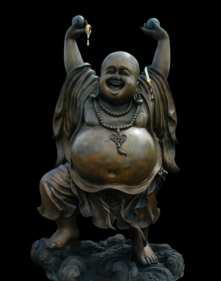 hotei buda, Hotei, Buda, chamanismo, danza, mirar hacia adelante, obeso, bronce, figura, arte