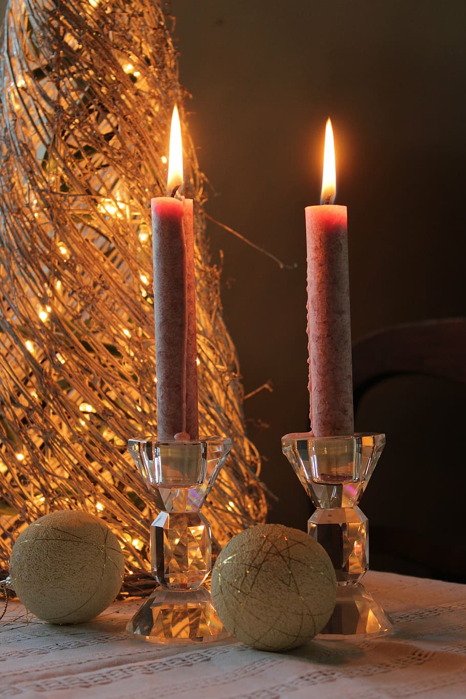two, lighted, candles, table, candle, november, evening, relaxation, date, holidays