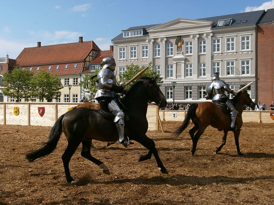 dos, caballeros, equitación, caballo, dos caballeros, edad media, caballos, torneo, armadura, mercado medieval
